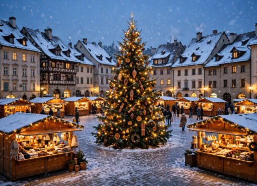 Snowy European Christmas market square at dusk with glowing wooden stalls and falling snow