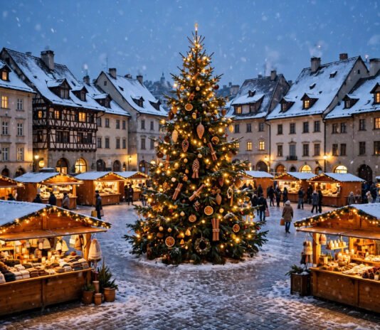 Snowy European Christmas market square at dusk with glowing wooden stalls and falling snow
