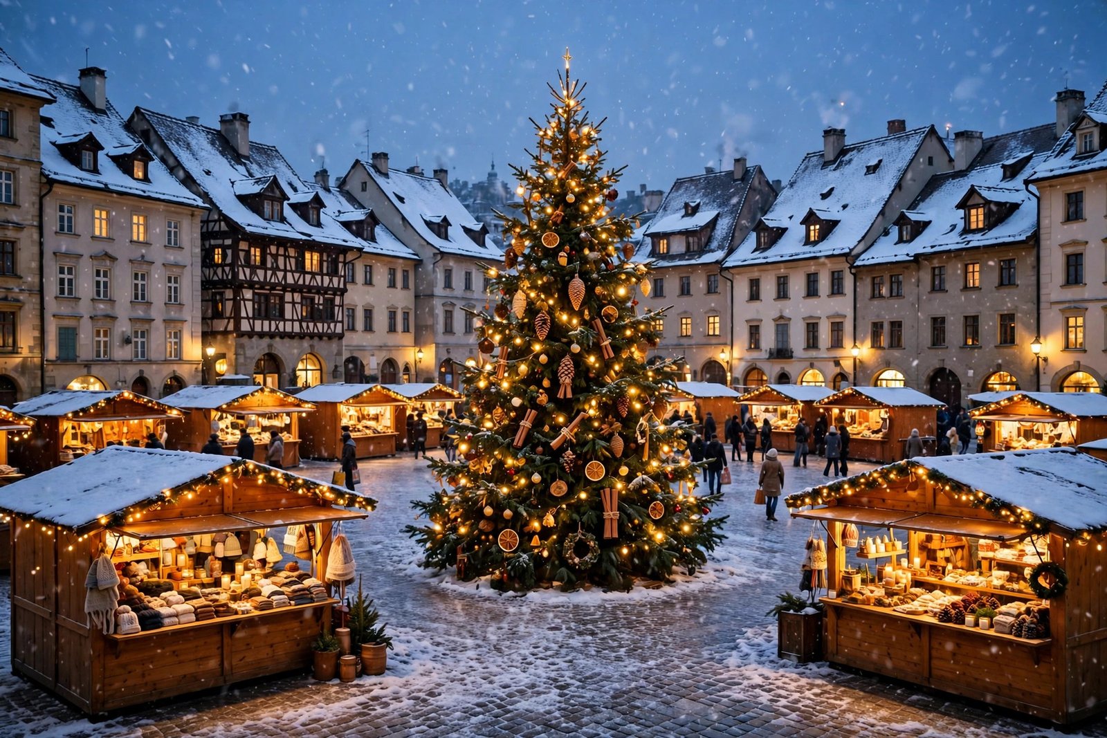 Snowy European Christmas market square at dusk with glowing wooden stalls and falling snow