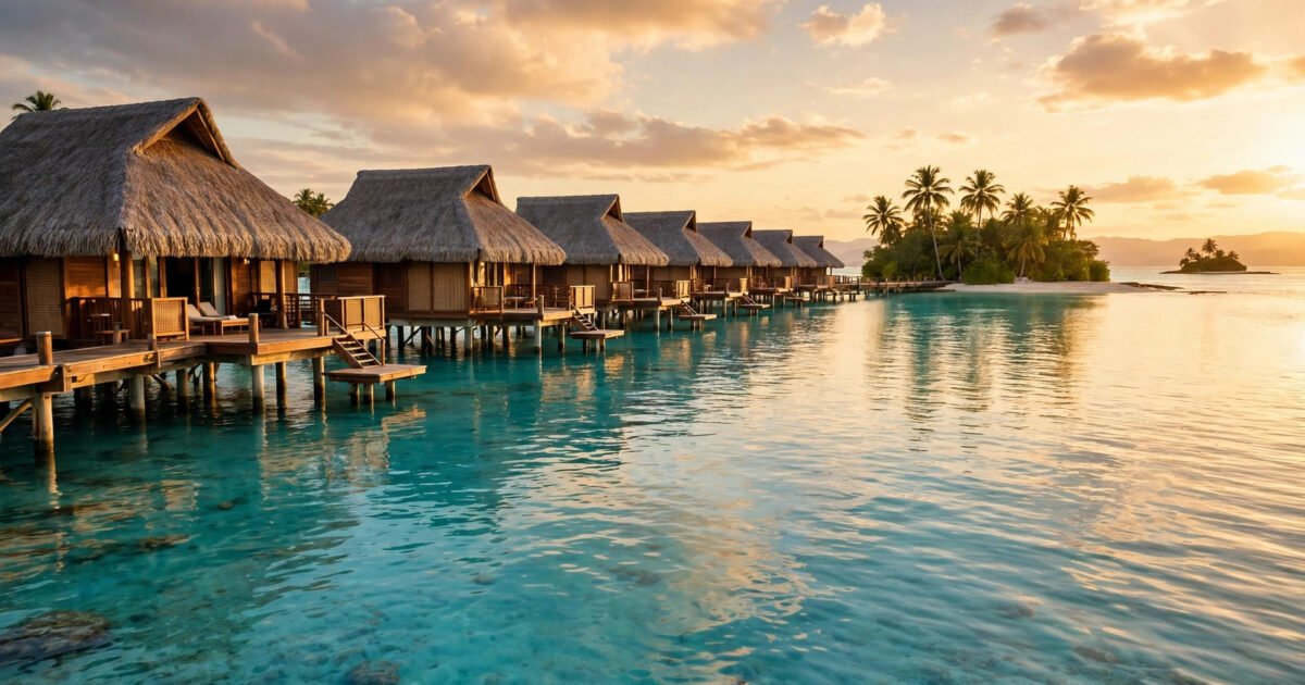 Overwater bungalows on stilts above a turquoise lagoon at golden hour