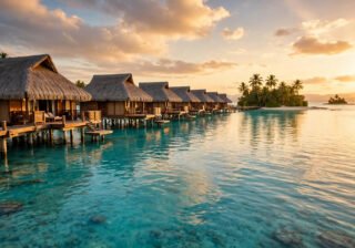 Overwater bungalows on stilts above a turquoise lagoon at golden hour