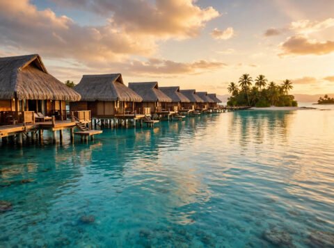 Overwater bungalows on stilts above a turquoise lagoon at golden hour