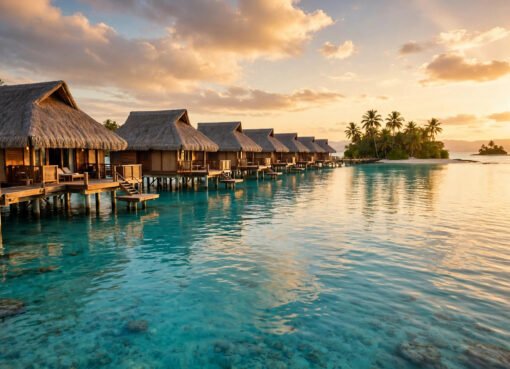 Overwater bungalows on stilts above a turquoise lagoon at golden hour