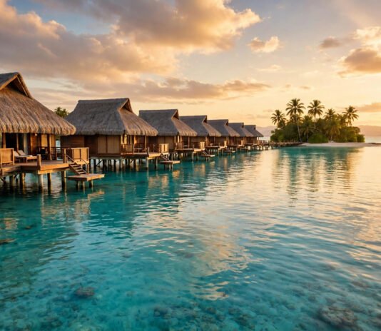 Overwater bungalows on stilts above a turquoise lagoon at golden hour