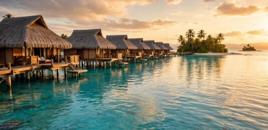 Overwater bungalows on stilts above a turquoise lagoon at golden hour