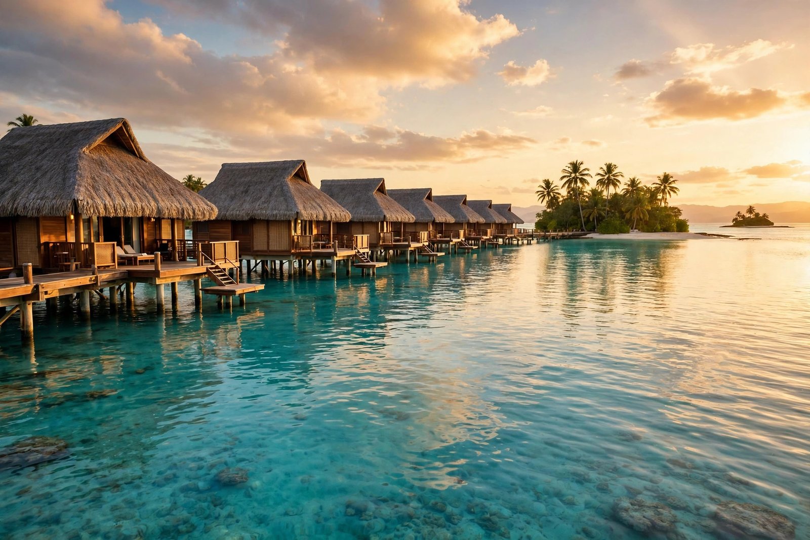 Overwater bungalows on stilts above a turquoise lagoon at golden hour