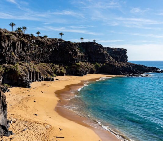 Sunny Canary Islands coastline with volcanic cliffs and golden beach in January