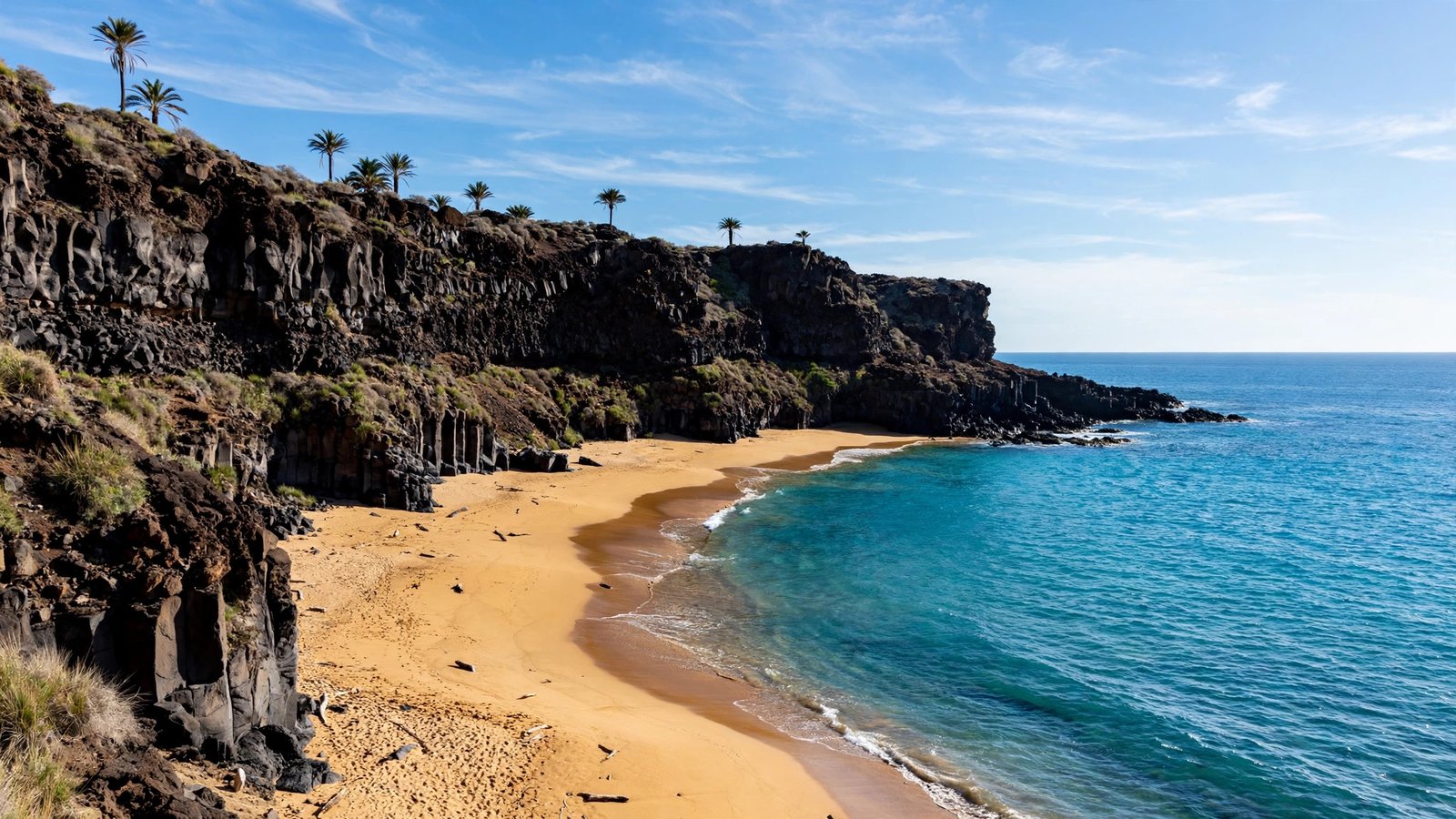 Sunny Canary Islands coastline with volcanic cliffs and golden beach in January