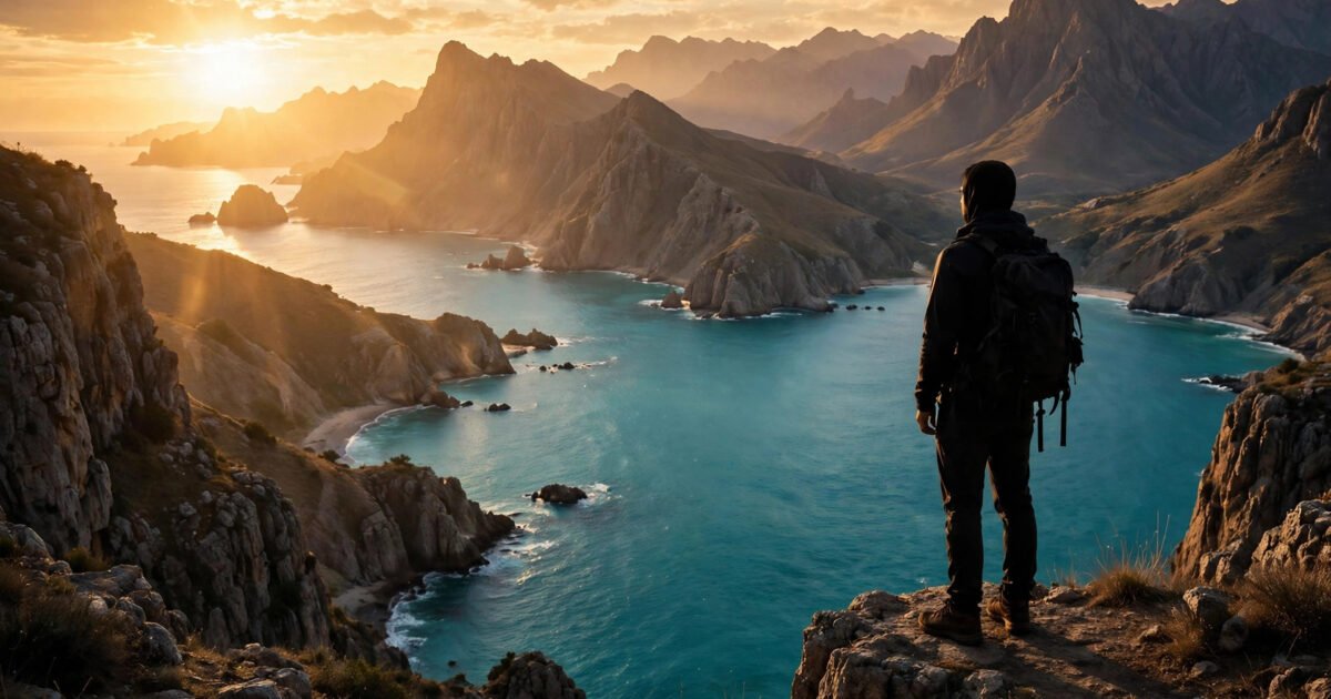 Solo traveller with backpack overlooking a scenic coastline at sunset