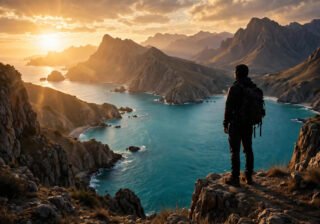 Solo traveller with backpack overlooking a scenic coastline at sunset
