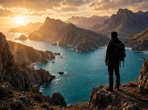 Solo traveller with backpack overlooking a scenic coastline at sunset