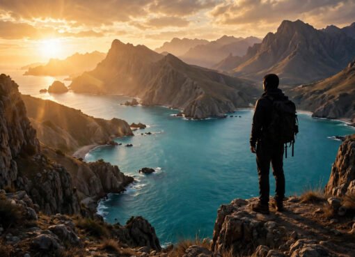 Solo traveller with backpack overlooking a scenic coastline at sunset