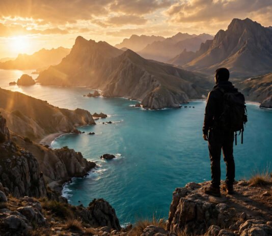Solo traveller with backpack overlooking a scenic coastline at sunset