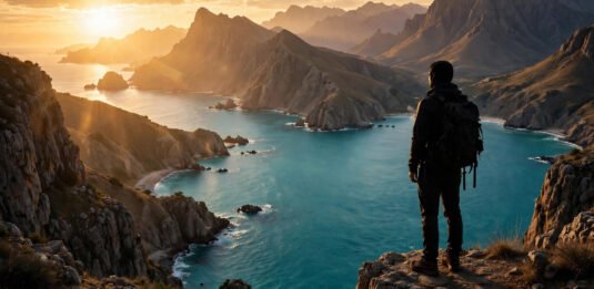 Solo traveller with backpack overlooking a scenic coastline at sunset