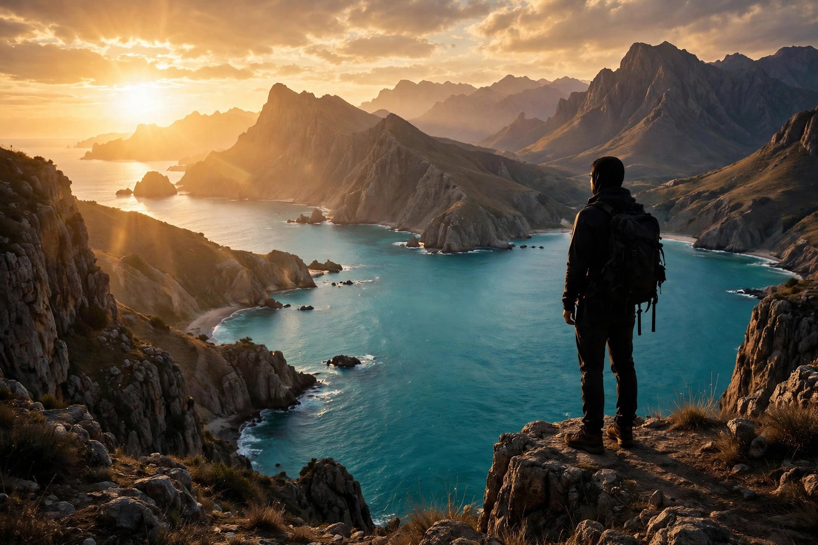 Solo traveller with backpack overlooking a scenic coastline at sunset