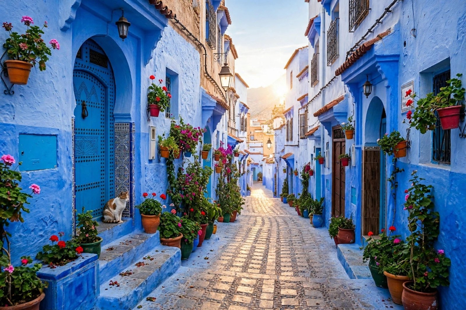 Blue-painted streets and flower-filled doorways of Chefchaouen, Morocco