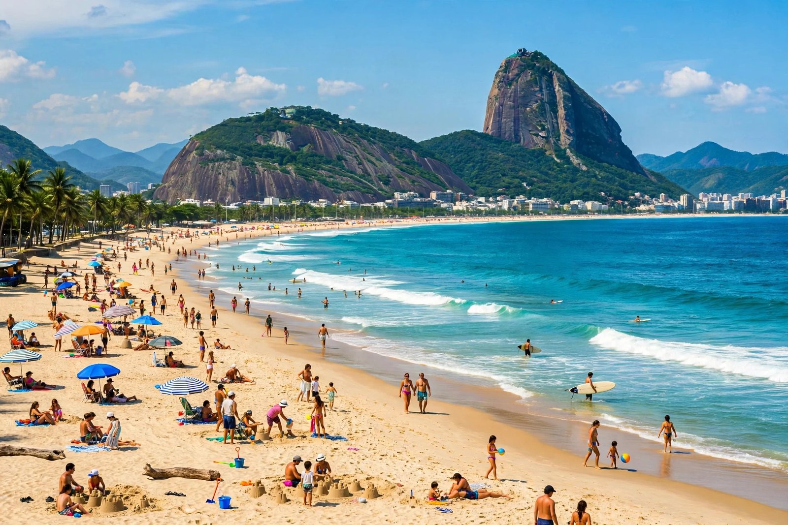 Rio de Janeiro beach on a sunny December summer day with a dramatic mountain peak rising behind the shoreline