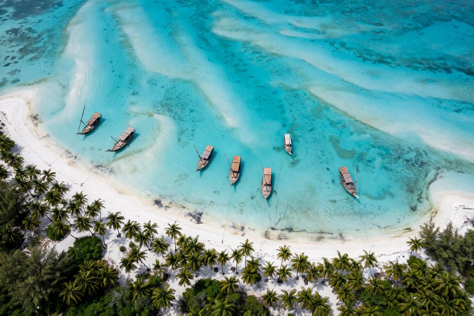 Aerial view of a Zanzibar-style white-sand beach with wooden dhow boats anchored in turquoise shallows