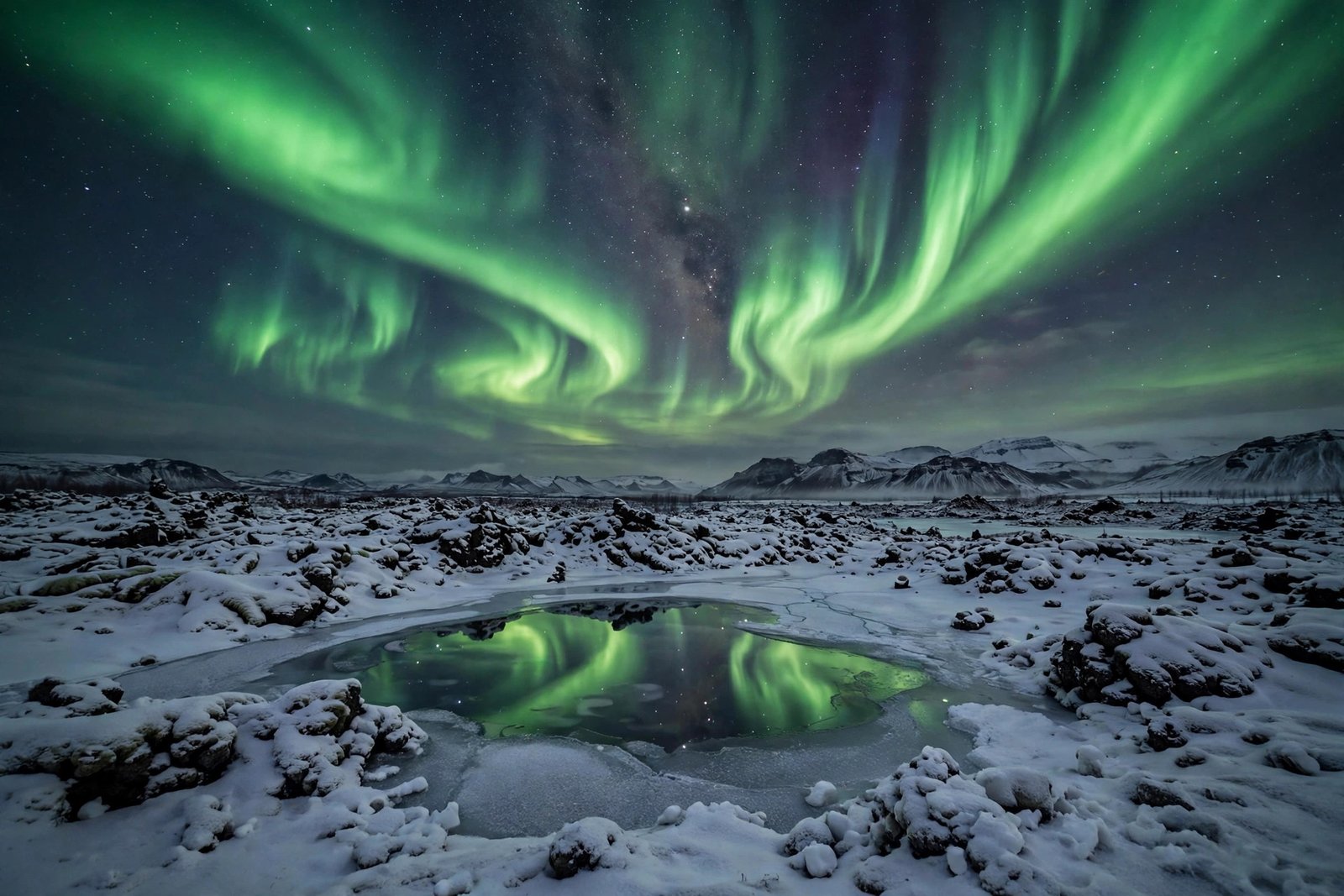 Aurora borealis dancing over a snow-covered Icelandic lava field with a frozen lake reflecting the lights