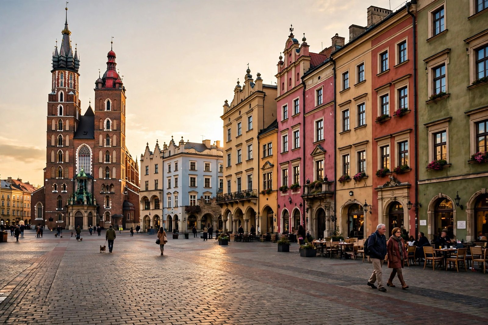 Cobblestone old town square in Kraków-style European old town with historic townhouses at golden hour