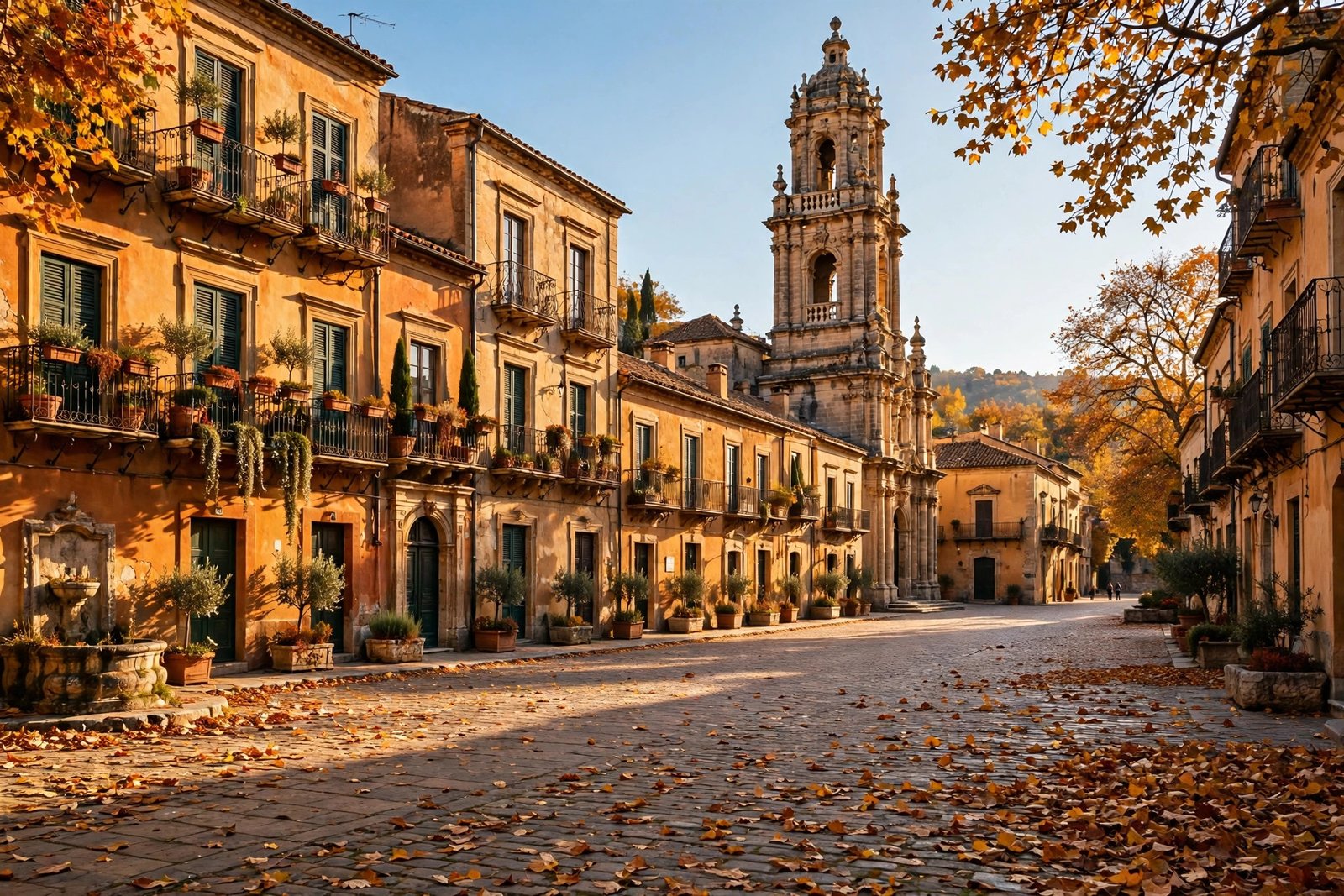 Historic European old town glowing in warm November afternoon sunlight