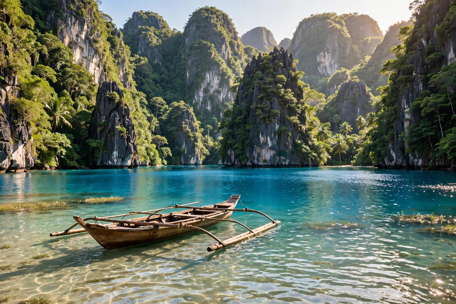 Turquoise lagoon with limestone karsts and a traditional bangka boat in Palawan, Philippines