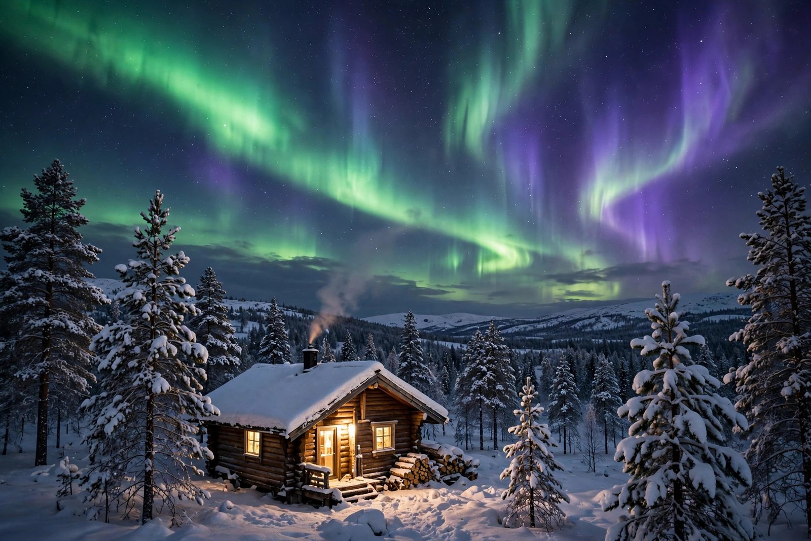 Northern Lights aurora dancing over a snowy wooden cabin in Lapland Finland at night
