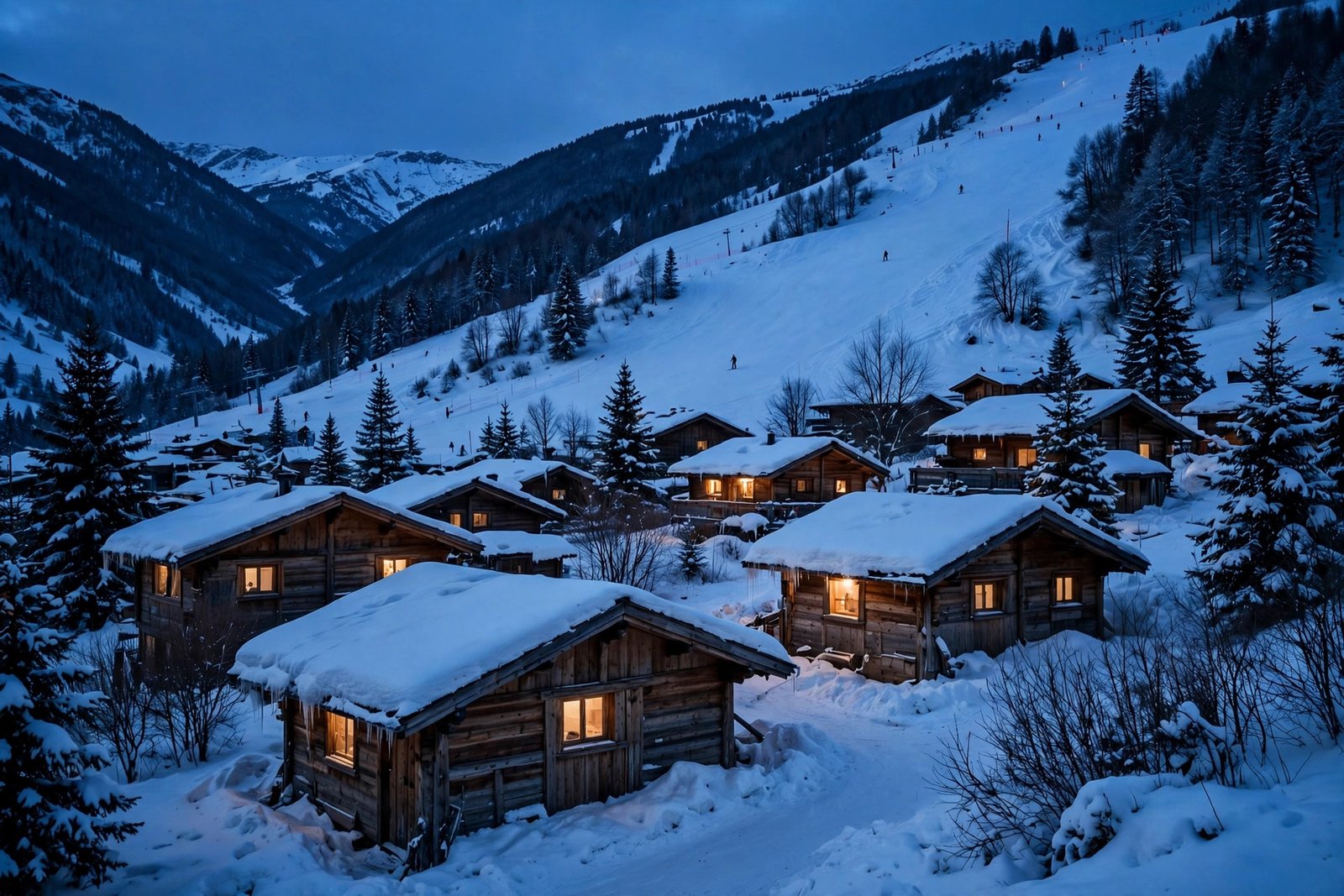 Budget ski resort mountain village with glowing chalet windows at dusk beneath snowy slopes