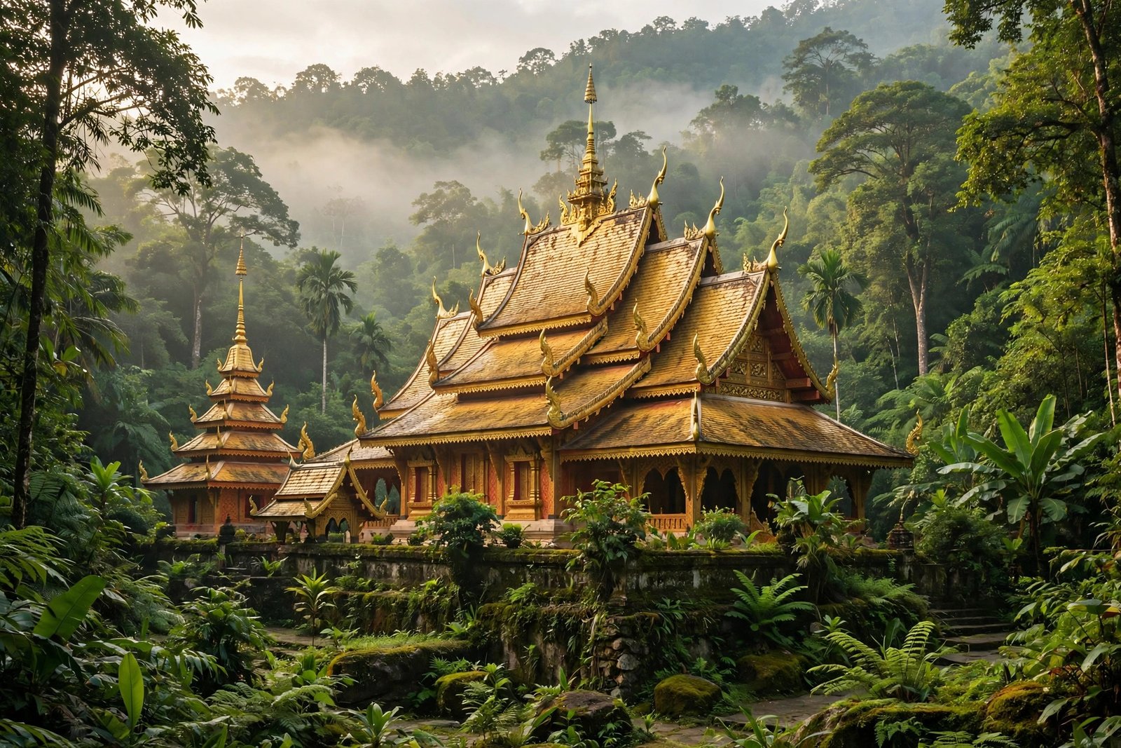 Golden Buddhist temple in Chiang Mai style with ornate rooftops surrounded by tropical greenery