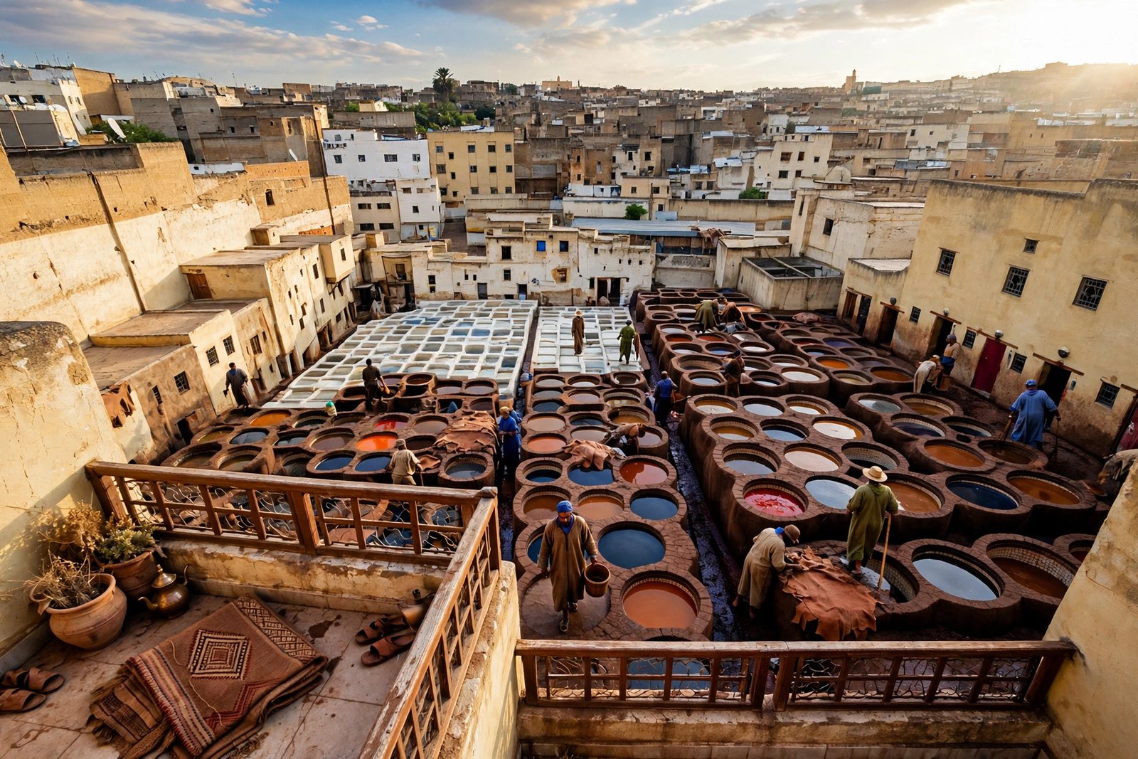 Colorful dyeing vats of the Chouara tannery in Fes medina, Morocco