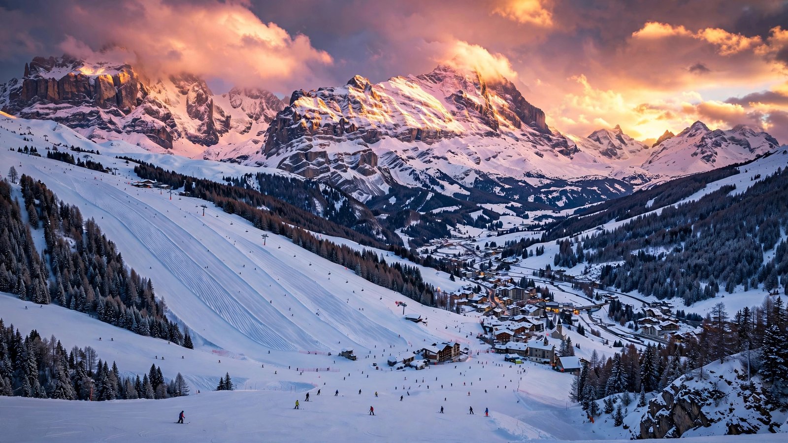 Panoramic golden-hour view of an affordable European ski resort with skiers on snowy slopes