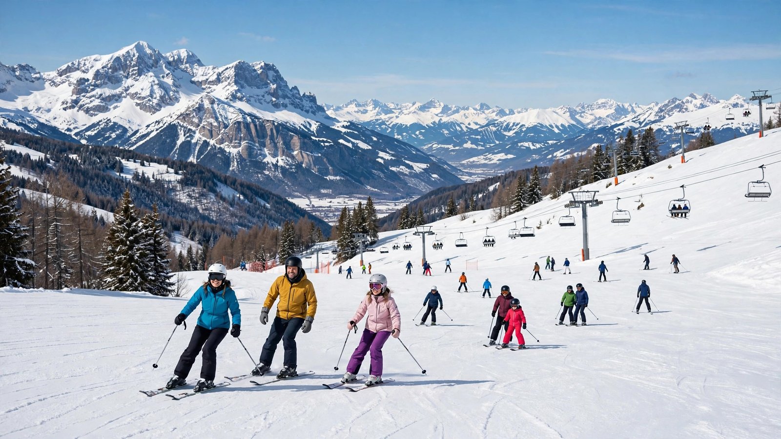 Skiers enjoying wide beginner-friendly slopes at an affordable European ski resort