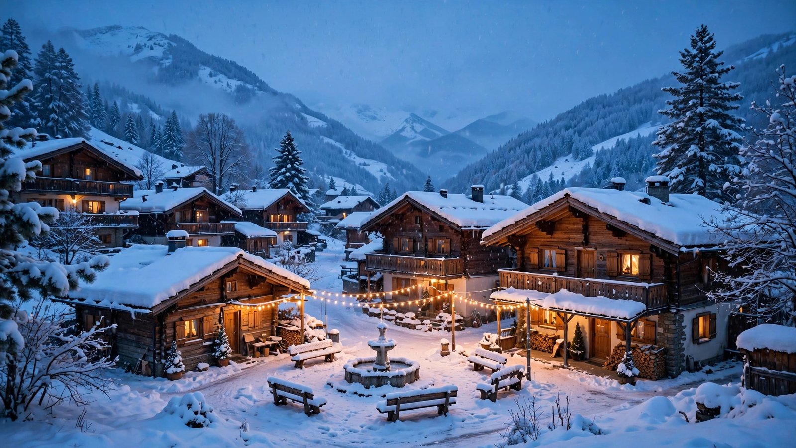 Cozy snow-covered mountain village with wooden lodges glowing at dusk in the European Alps