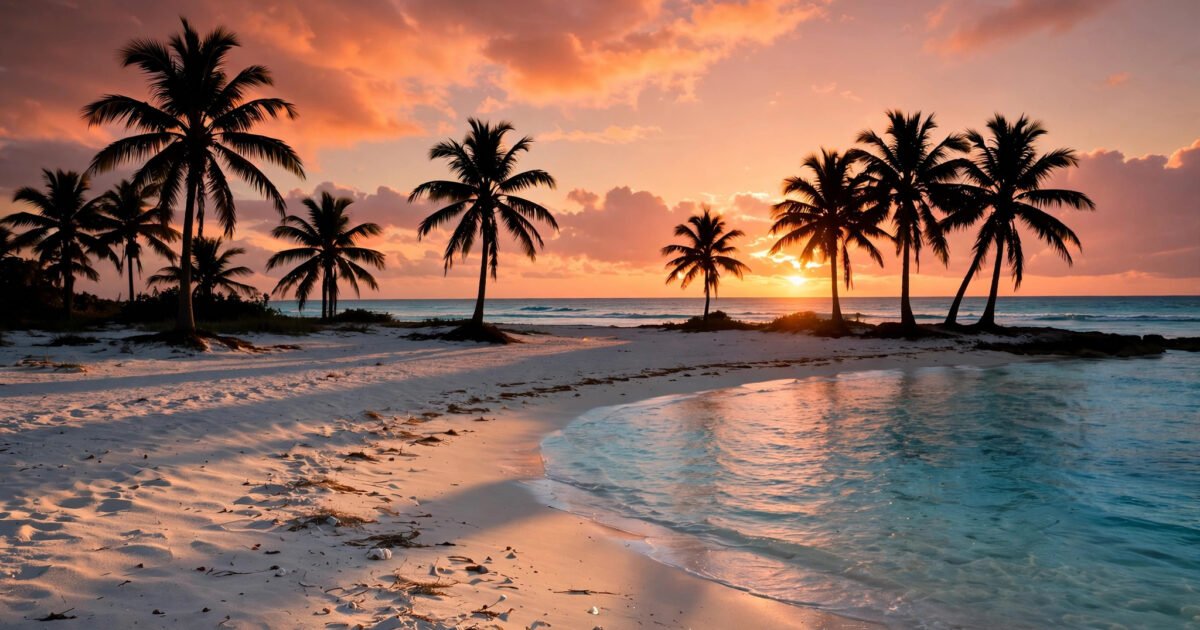 Tropical beach at golden hour with palm trees and turquoise water — a winter sun destination