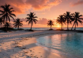 Tropical beach at golden hour with palm trees and turquoise water — a winter sun destination
