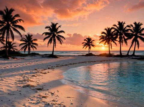 Tropical beach at golden hour with palm trees and turquoise water — a winter sun destination