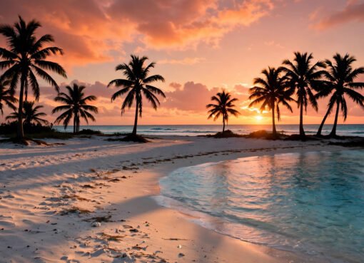 Tropical beach at golden hour with palm trees and turquoise water — a winter sun destination
