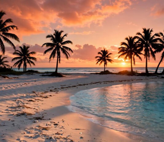Tropical beach at golden hour with palm trees and turquoise water — a winter sun destination
