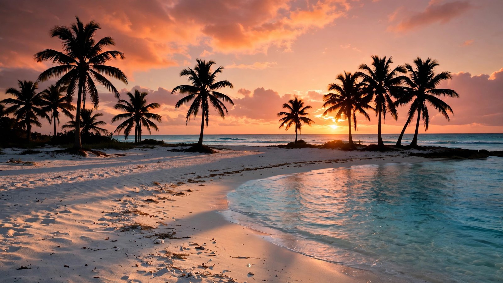Tropical beach at golden hour with palm trees and turquoise water — a winter sun destination