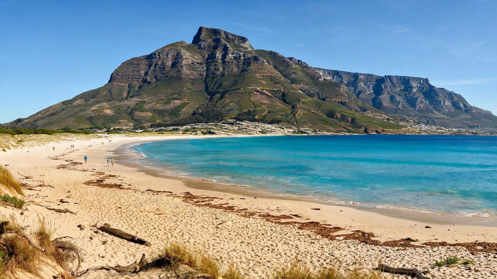 Cape Town beach with Table Mountain towering in the background on a clear sunny winter day