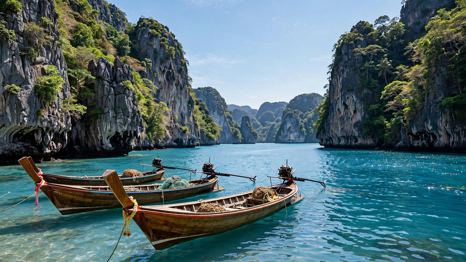 Traditional longtail boats floating in a turquoise bay surrounded by limestone cliffs in Phuket, Thailand